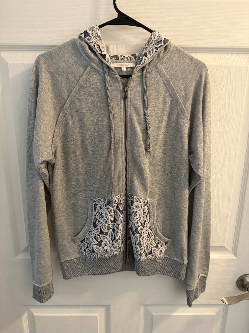 Miss Me Women's Gray Lace-Trim Zip Hoodie
